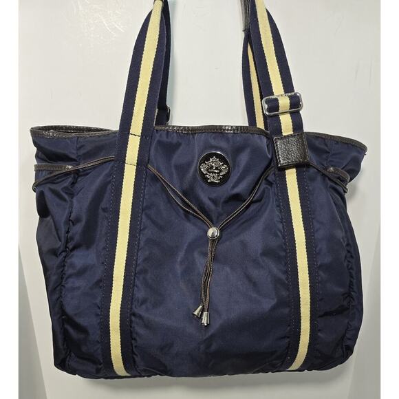 OROBIANCO Nylon Tote Bag Navy w/ Navy/beige webbing & Leather Trim Lg Made Italy - Picture 3 of 16